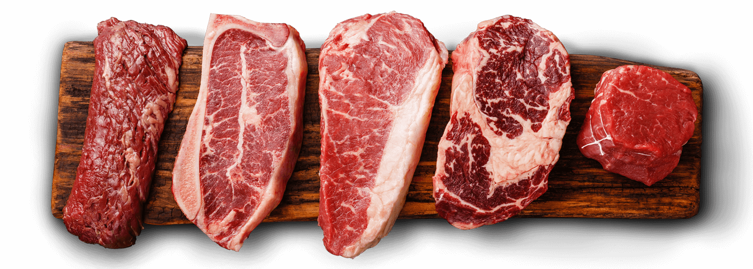 5 beautiful cuts of beef including sirloin, fillet, ribeye and black angus.
